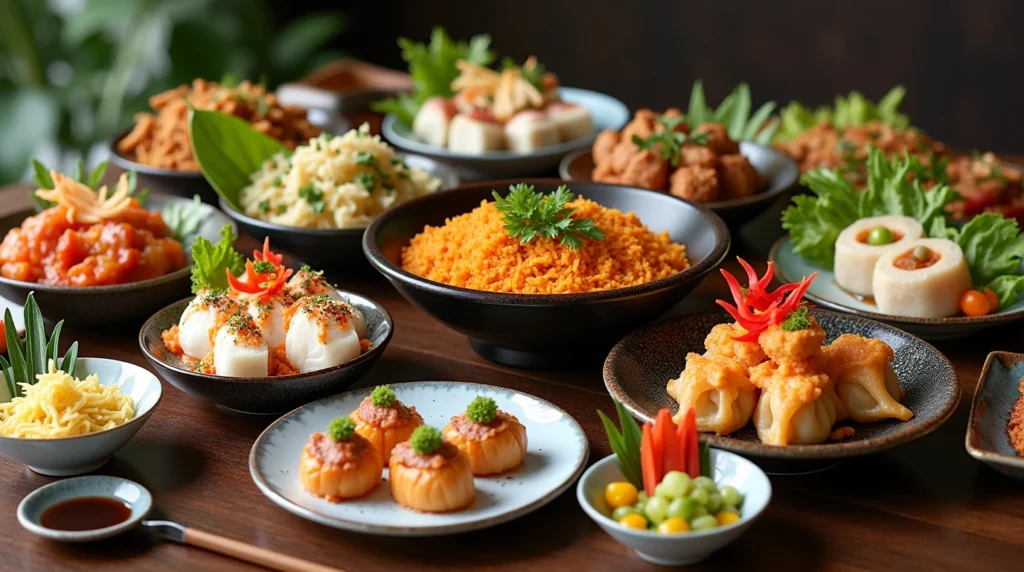 A beautifully arranged table featuring sushi, fish paella, dumplings, and colorful salads, garnished with fresh herbs and accompanied by elegant table setting elements.