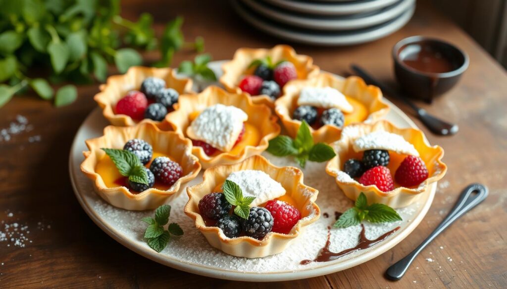 A beautifully arranged platter of golden-brown puff pastry shells filled with creamy custard and juicy berries, dusted with powdered sugar and garnished with mint leaves. A shiny chocolate drizzle is placed on the side, all set on a rustic wooden table with soft natural lighting.