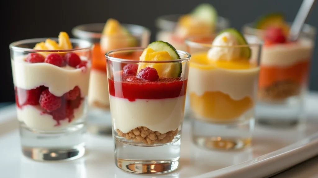 ransparent glass cups displaying vibrant layered mini desserts like mousse and parfait.