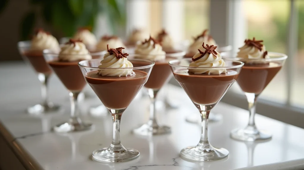 Close-up of individual chocolate mousse servings in elegant dessert cups, garnished with whipped cream and chocolate shavings, arranged on a well-lit table for a party or casual gathering.