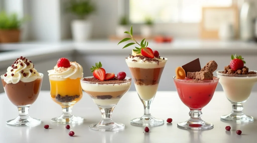 Variety of individual dessert cups including mousse, parfaits, and tiramisu, garnished with whipped cream and fresh berries.