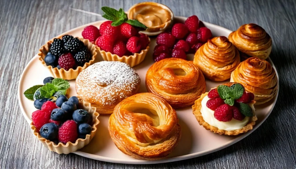 Assorted golden puff pastry desserts with vibrant berries, cream fillings, and powdered sugar, arranged elegantly on a rustic table