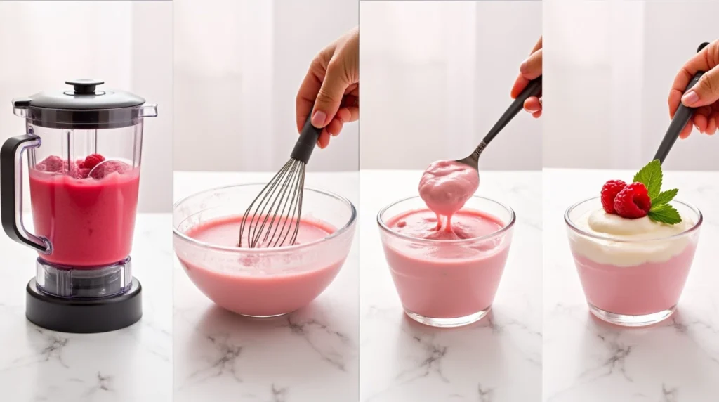 Step-by-step process of making raspberry mousse: pureeing raspberries, mixing with whipped cream, whipping to texture, and presenting in cups.