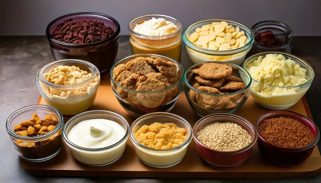 A split image showing base ingredients like cookie crumbs and cake layers, and creamy fillings like mousse and pudding in bowls and jars.