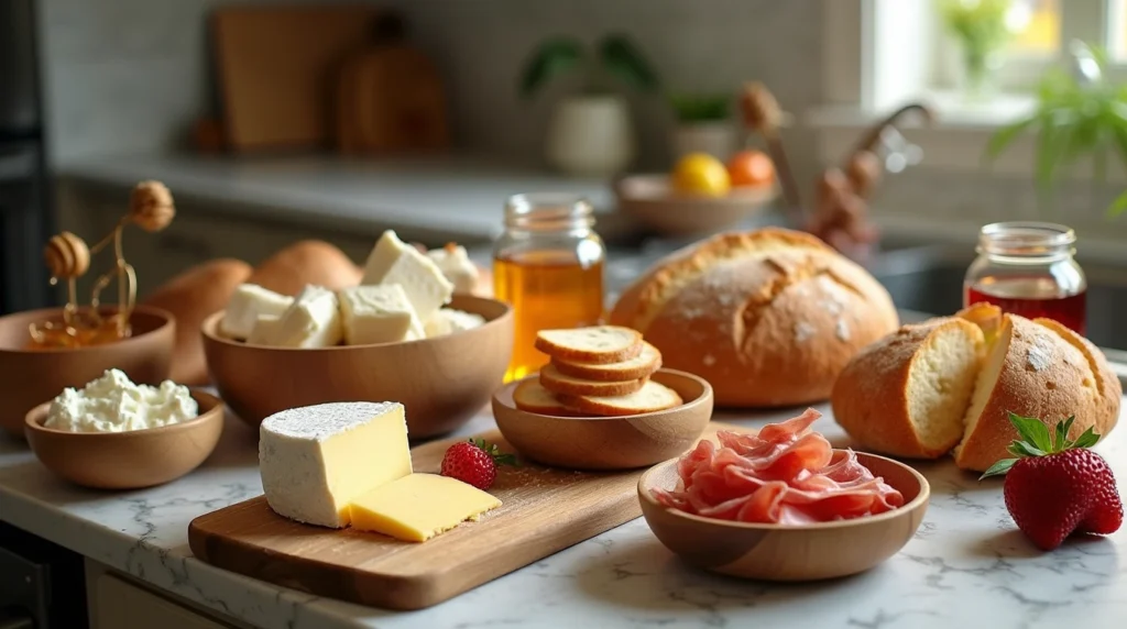 Artisan breads, quality cheeses, and fresh meats on a rustic kitchen countertop, perfect for sweet breakfast recipes