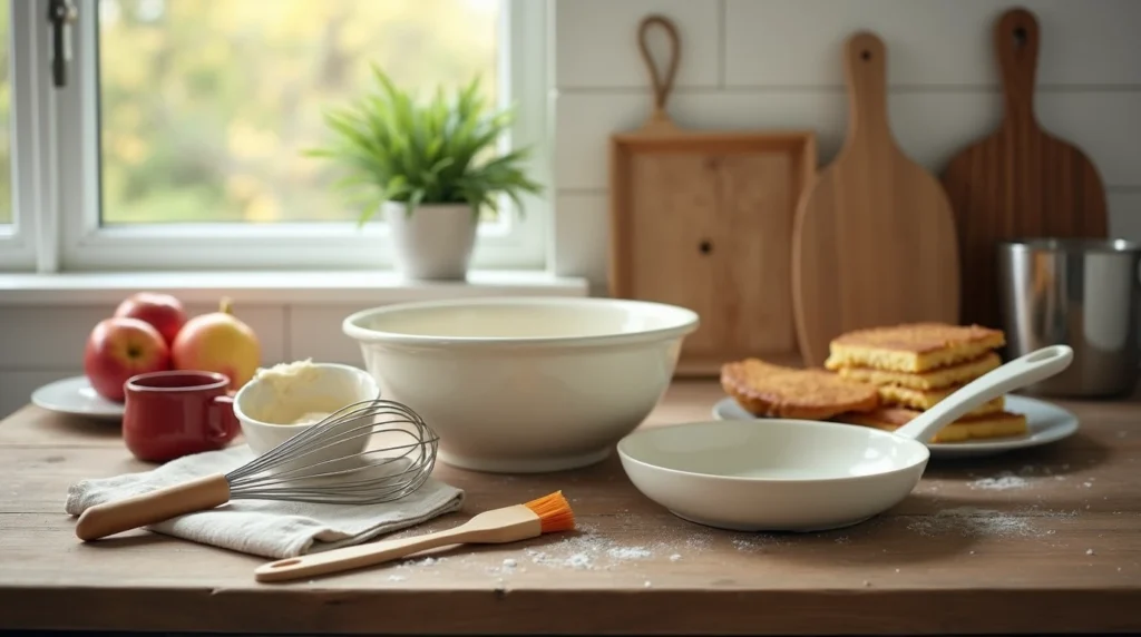 Cozy kitchen with essential tools for sweet breakfasts, including a mixing bowl, whisk, frying pan, pastry brush, and measuring cups on a rustic wooden countertop