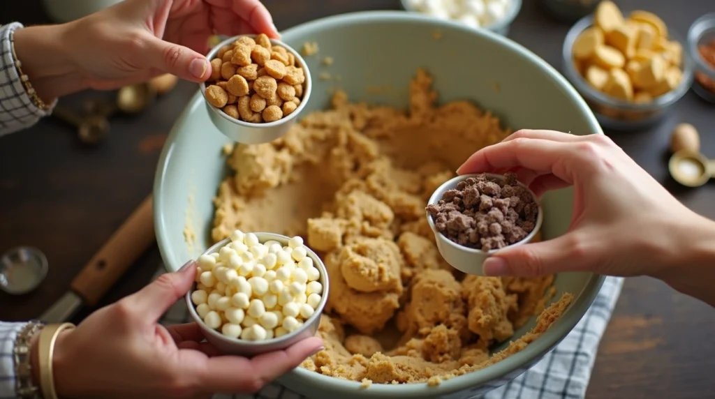 Different add-ins like white chocolate chips, peanut butter chips, and toffee bits being mixed into cookie dough.