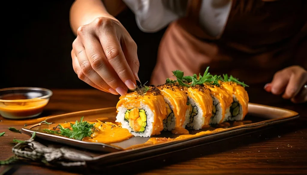 A chef adding a finishing touch to a fusion dish with global ingredients.