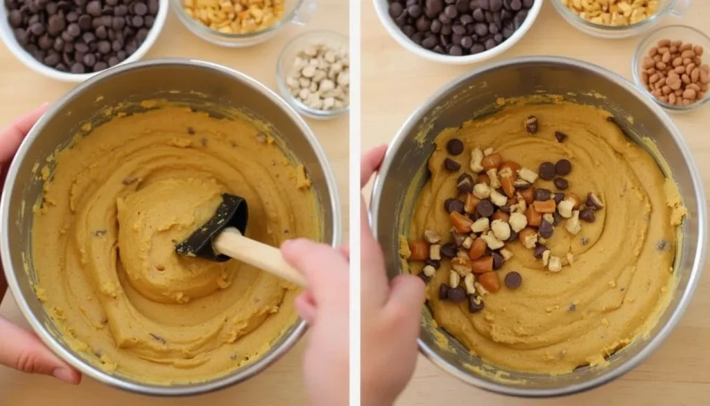 Cookie dough in a mixing bowl being folded with chocolate chips, nuts, and caramel chunks.