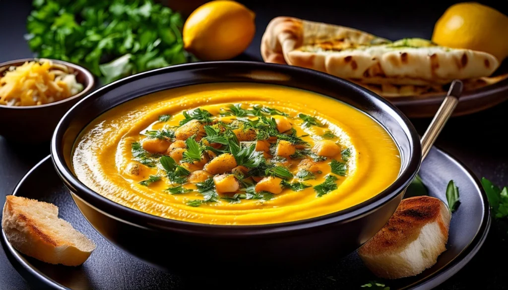 A bowl of Foul Medames, garnished with olive oil, garlic, lemon, and parsley, served with flatbread