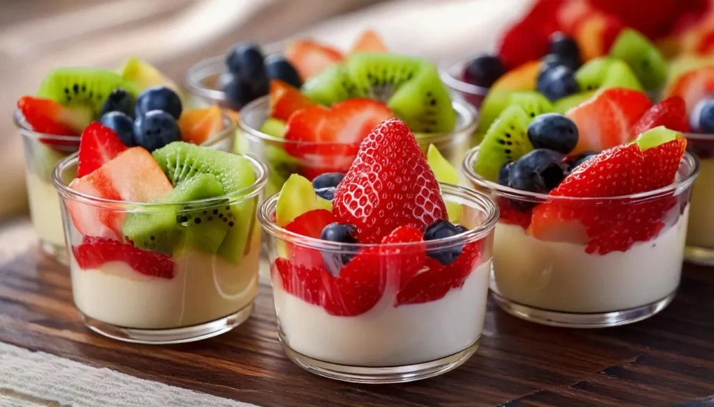 Dessert cups topped with fresh strawberries, blueberries, and kiwi slices, adding color and flavor to the dessert.