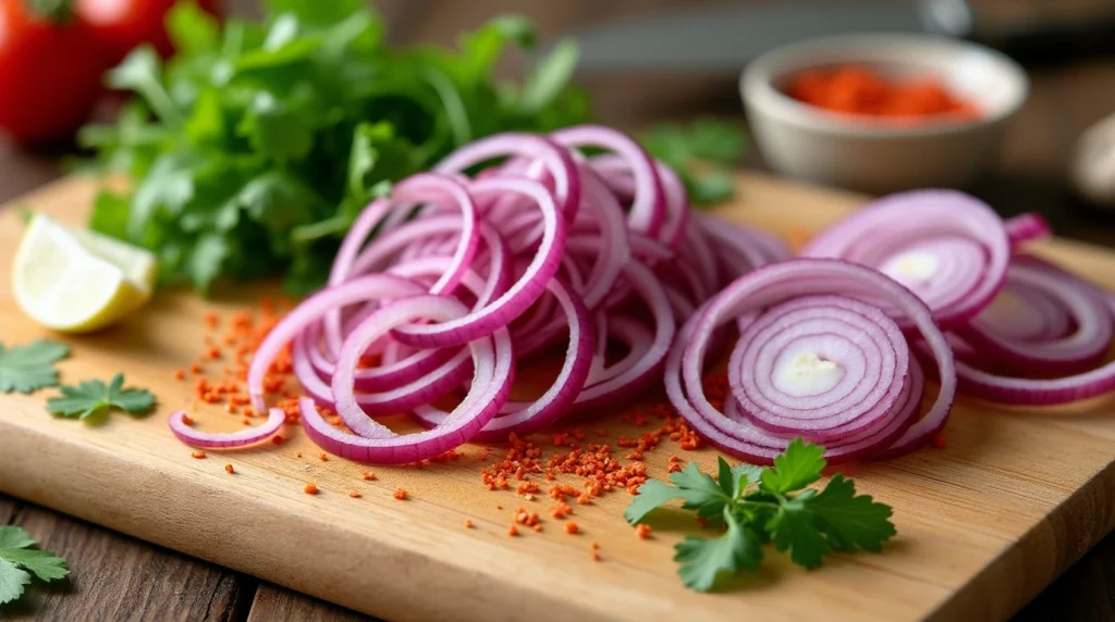 Thinly sliced red onion, chopped cilantro, and crushed red pepper flakes arranged on a wooden cutting board.