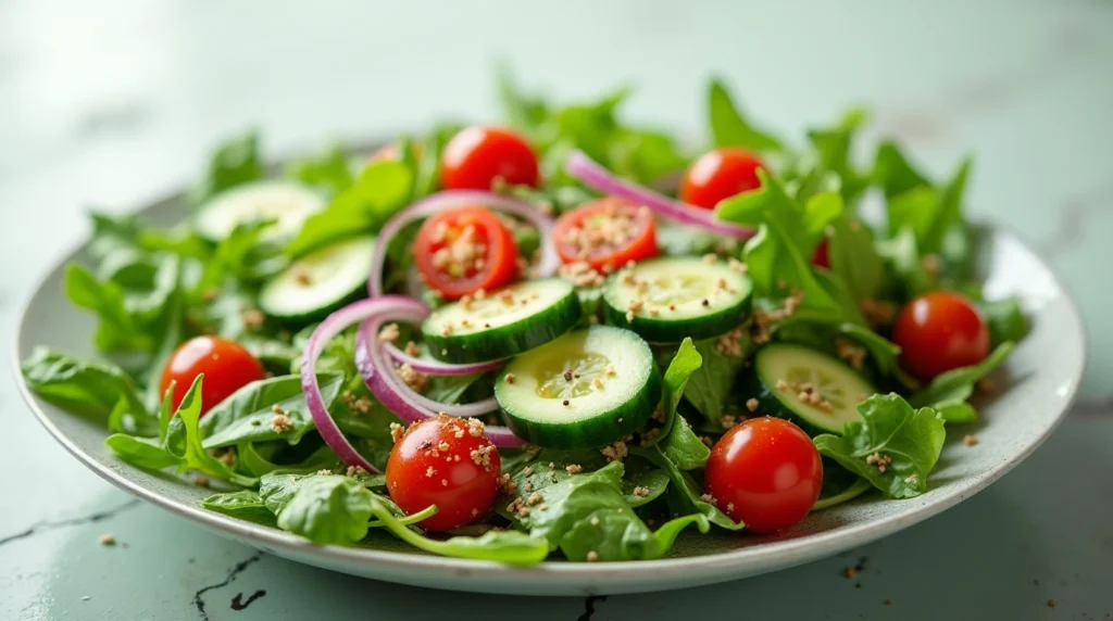 Light and refreshing green salad with spinach, arugula, cherry tomatoes, cucumber, and tangy vinaigrette.