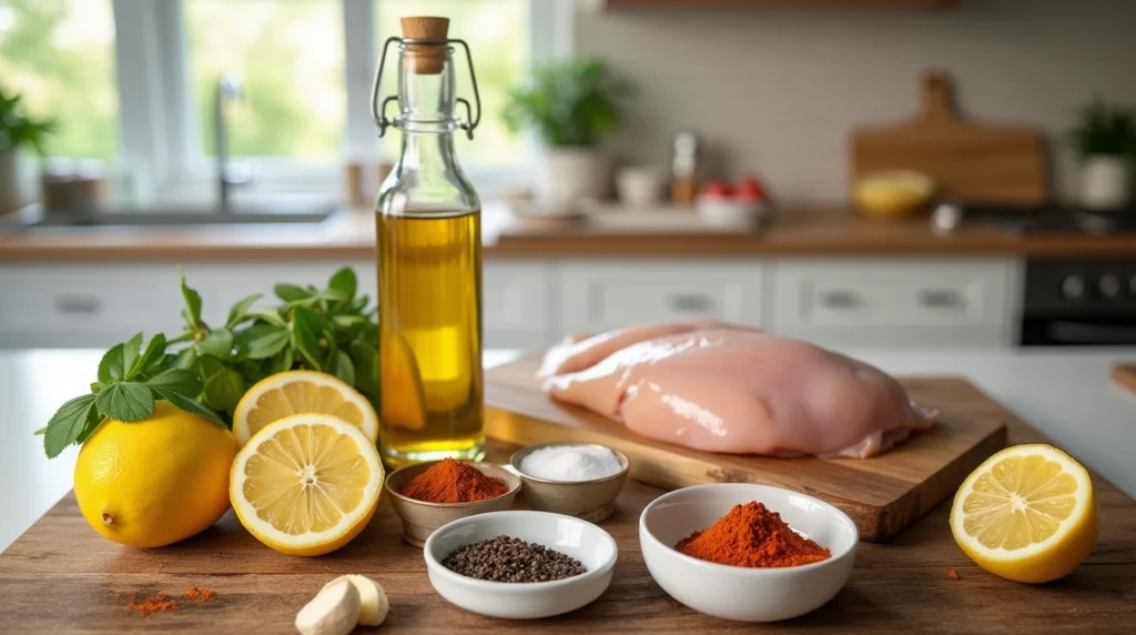 Flat lay of fresh ingredients for juicy chicken breast recipe, including raw chicken breasts, olive oil, lemon, garlic powder, paprika, salt, and black pepper on a rustic wooden kitchen counter