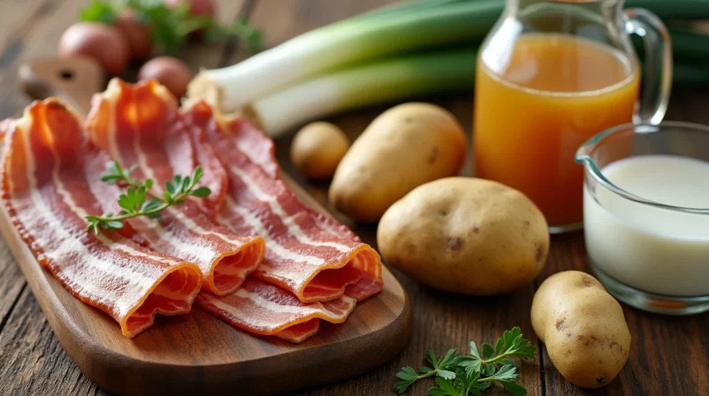 Fresh beef cured meat, leeks, Yukon Gold potatoes, chicken broth, and heavy cream on a rustic kitchen counter for a comforting soup.