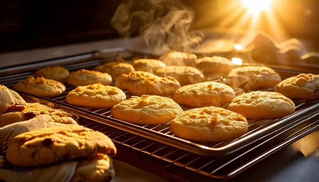 A tray of freshly baked butterscotch cookies with golden edges and slightly underbaked centers.