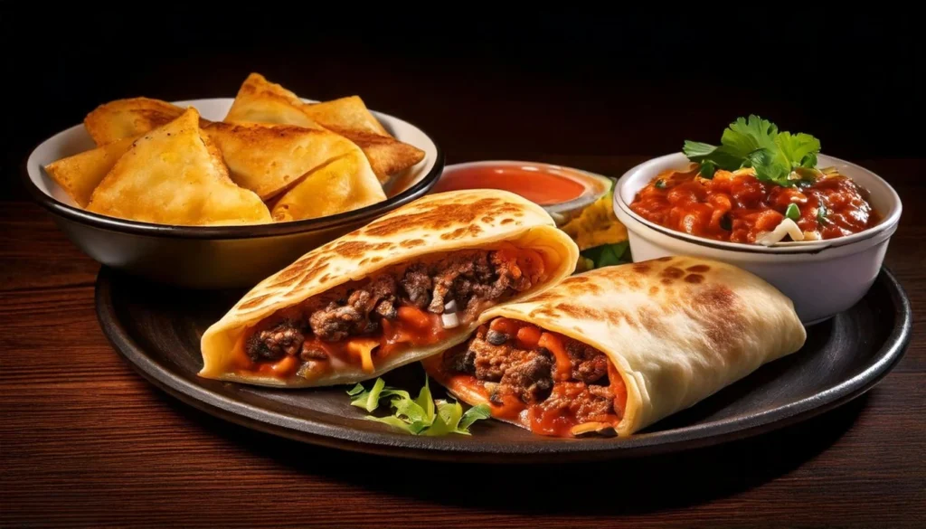 Golden crispy fried burritos with savory fillings and a golden calzone filled with melted cheese, served with dipping sauces