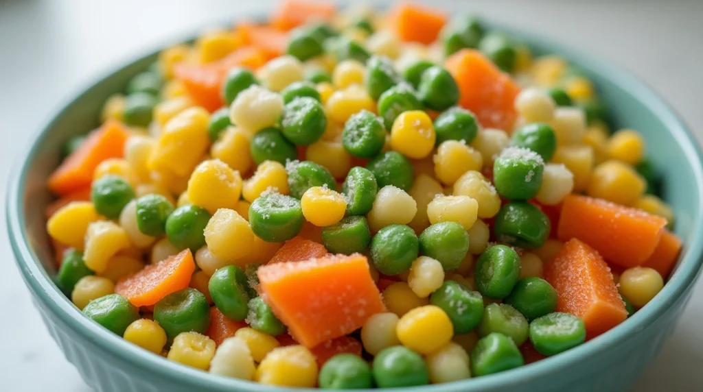 Frozen peas, corn, and carrots in a bowl, ready for soup preparation.