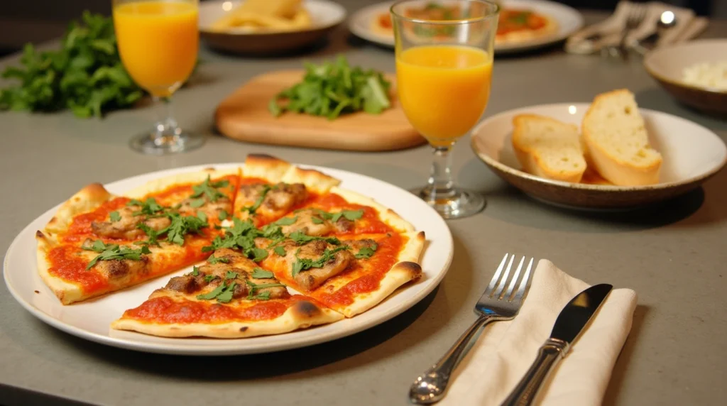 Chicken Tikka Masala Pizza served with a side of garlic bread, green salad, and mango lassi.