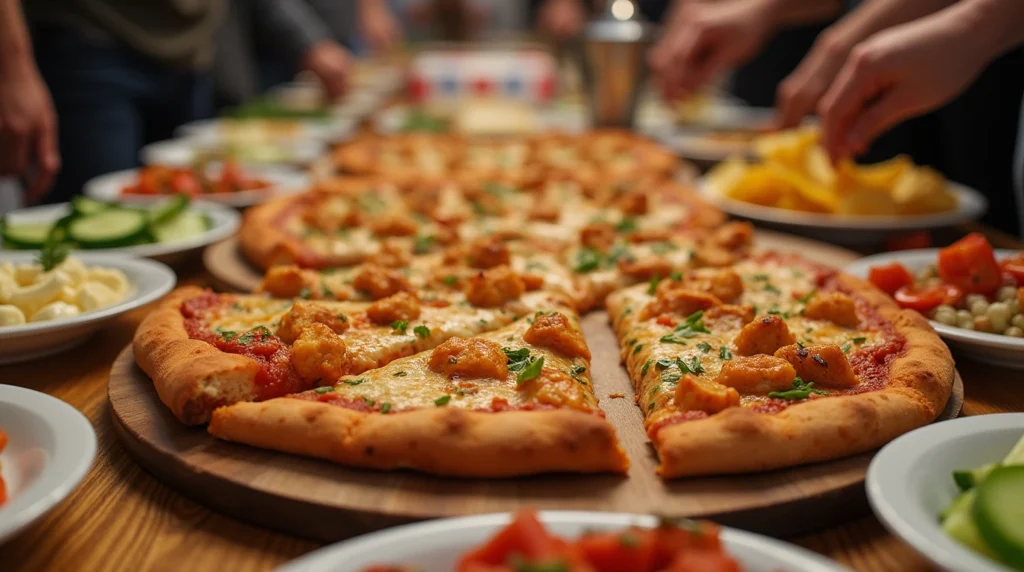 Small slices of Chicken Tikka Masala Pizza on a platter, ready for serving at a gathering.