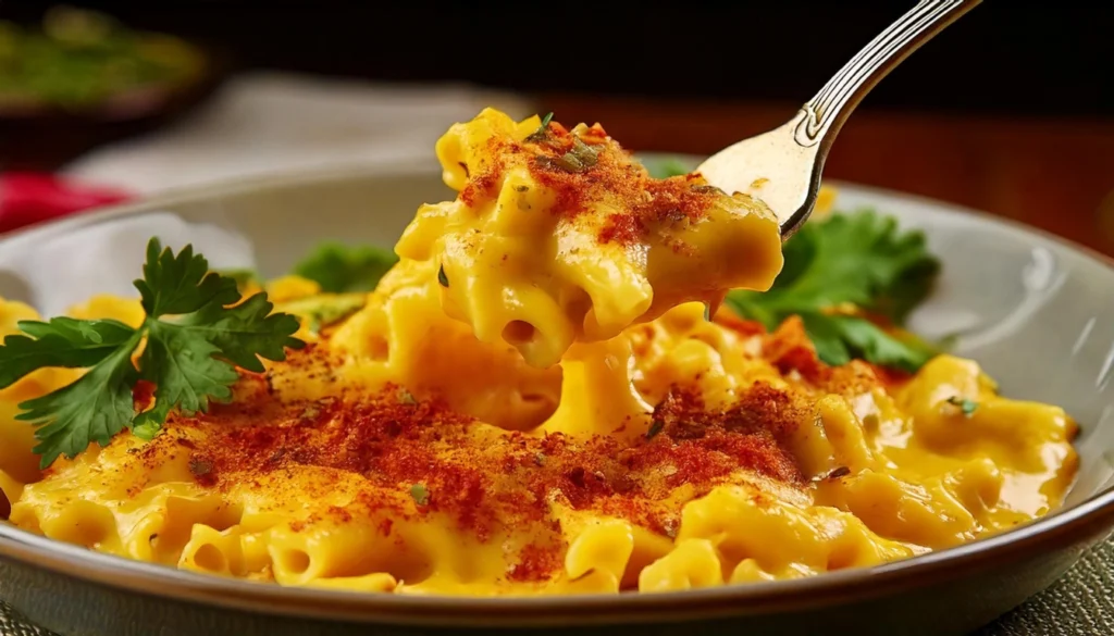 A bowl of mac and cheese mixed with curry sauce, showcasing a unique blend of flavors.