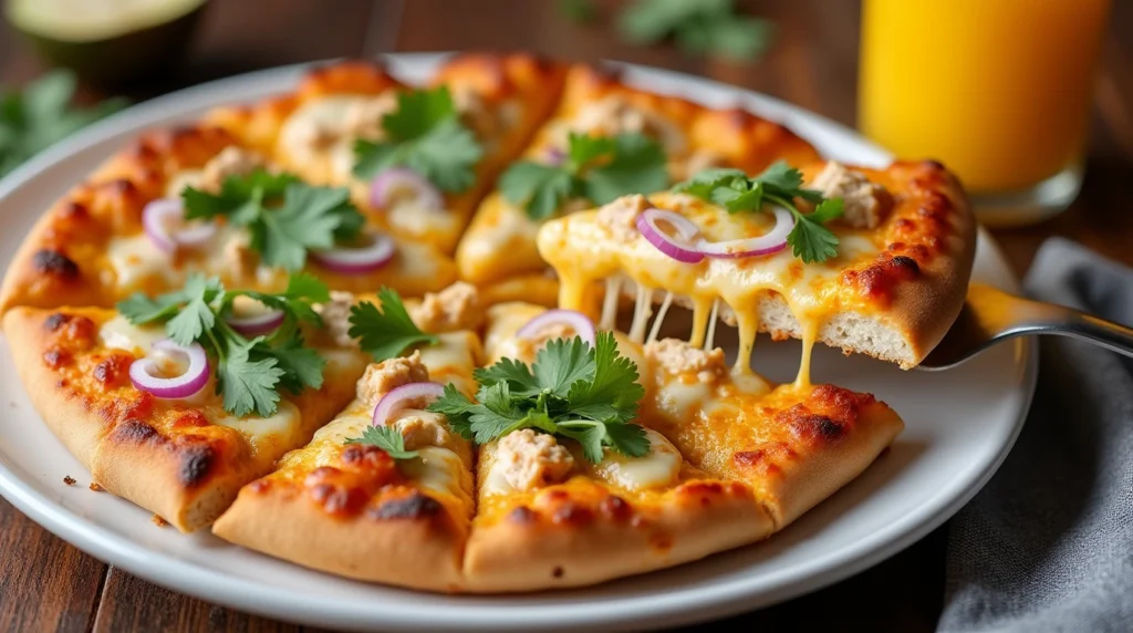 A freshly baked Chicken Tikka Masala Pizza garnished with cilantro, red onions, and red pepper flakes.