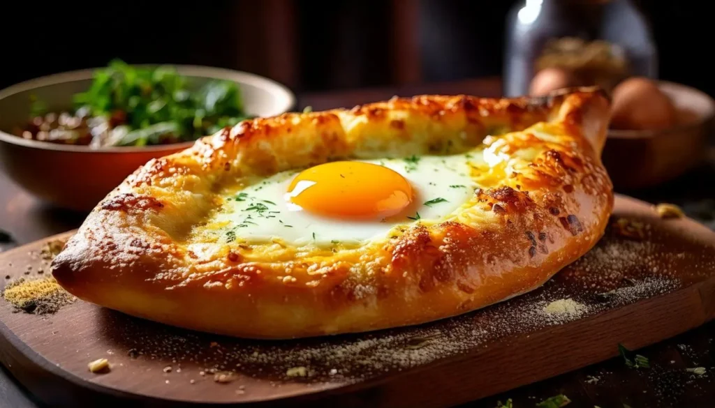 A delicious Georgian Khachapuri bread with a gooey cheese and egg filling, set against a cozy kitchen backdrop