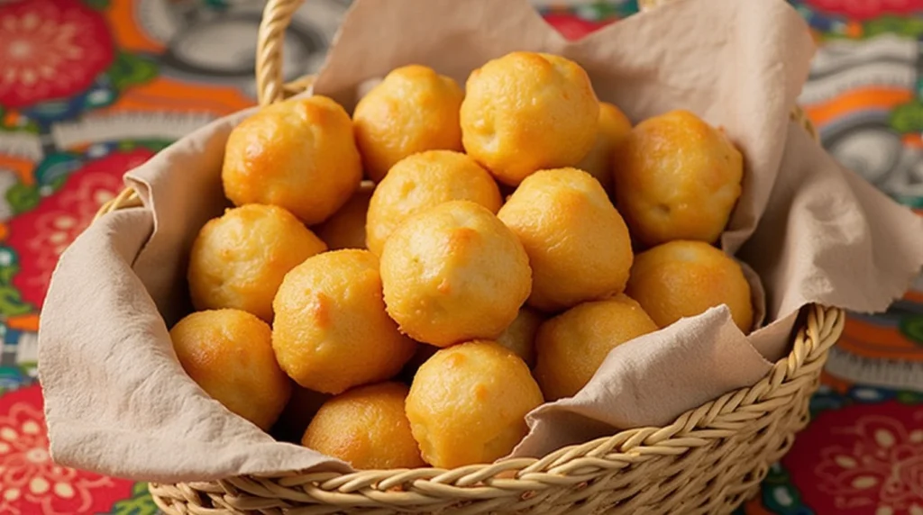 A basket filled with golden, crispy Brazilian Pão de Queijo cheese balls, placed on a vibrant tablecloth for a colorful presentation