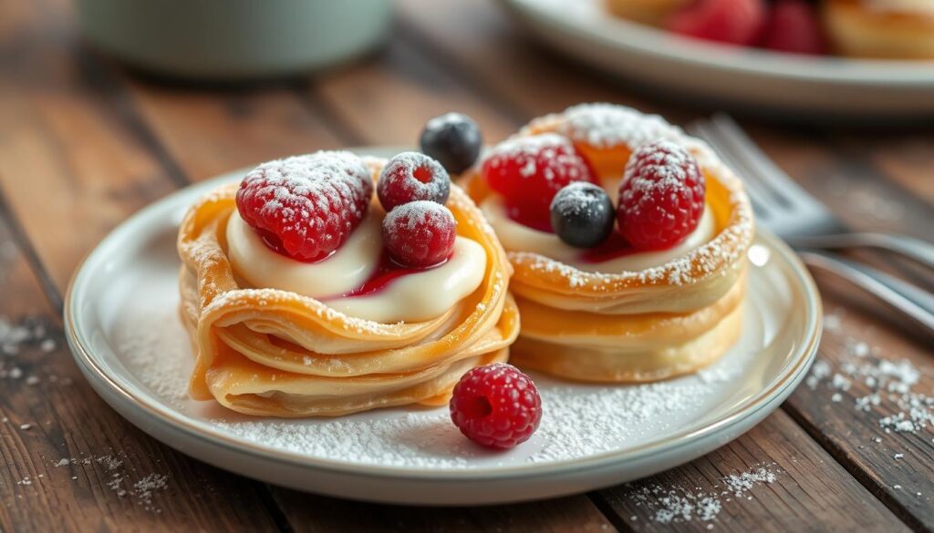 Flaky puff pastry filled with creamy vanilla custard, topped with fresh berries and powdered sugar, elegantly arranged on a rustic wooden table.