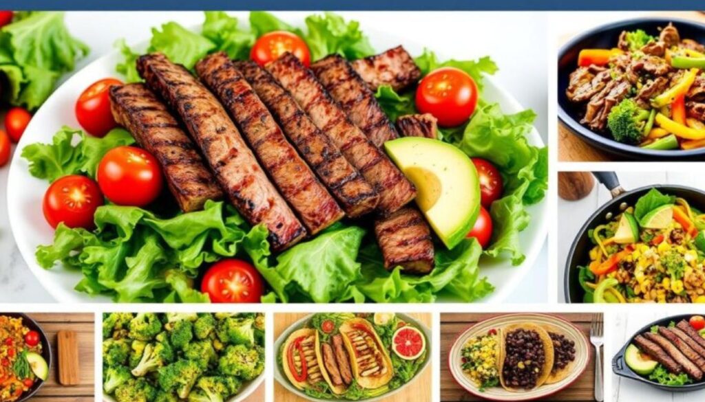 A vibrant display of healthy beef lunch options, featuring grilled lean beef strips over mixed greens with tomatoes and avocado. Surrounding ingredients for a beef stir-fry with broccoli, bell peppers, and a beef taco salad with black beans and corn, showcasing fresh vegetables and cooking steps.