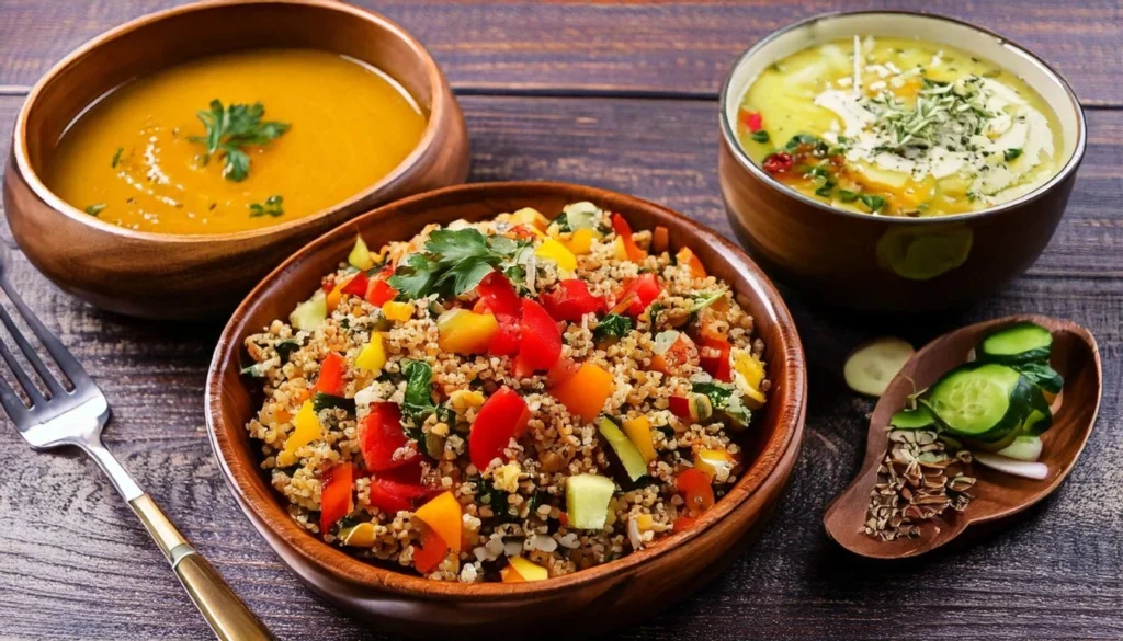 A vibrant grain salad with quinoa, vegetables, and feta cheese alongside a steaming bowl of vegetable soup with fresh herbs