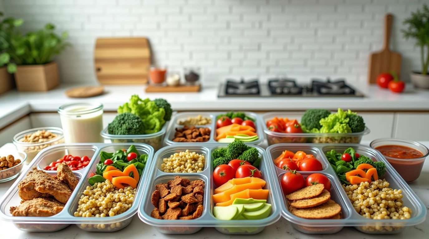 Organized meal prep containers with grilled chicken, quinoa, vegetables, and fresh fruits, perfect for busy parents on the go