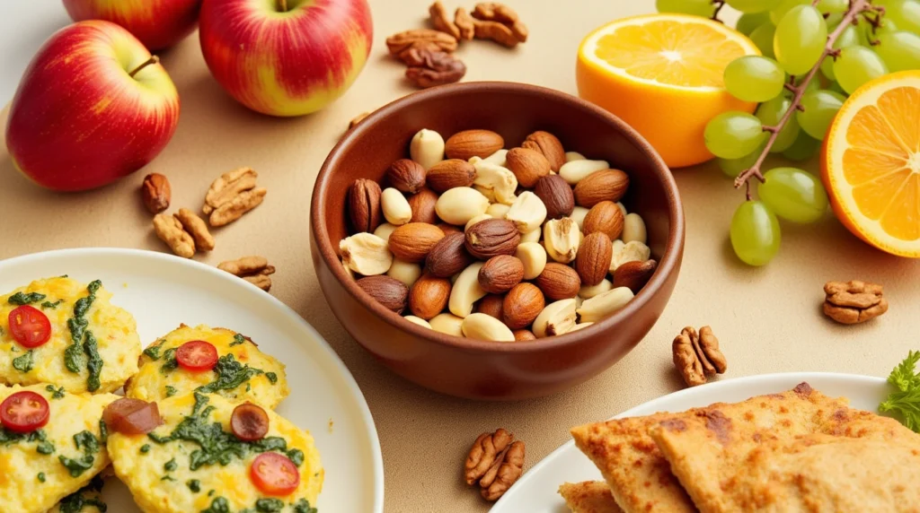 healthy snack spread with a bowl of mixed nuts, fresh fruits like apples and grapes, baked pockets with cheese, and mini egg frittatas with vegetables