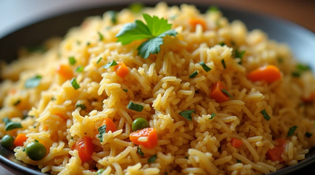 Fluffy rice pilaf with herbs, spices, and colorful vegetables like carrots and peas.