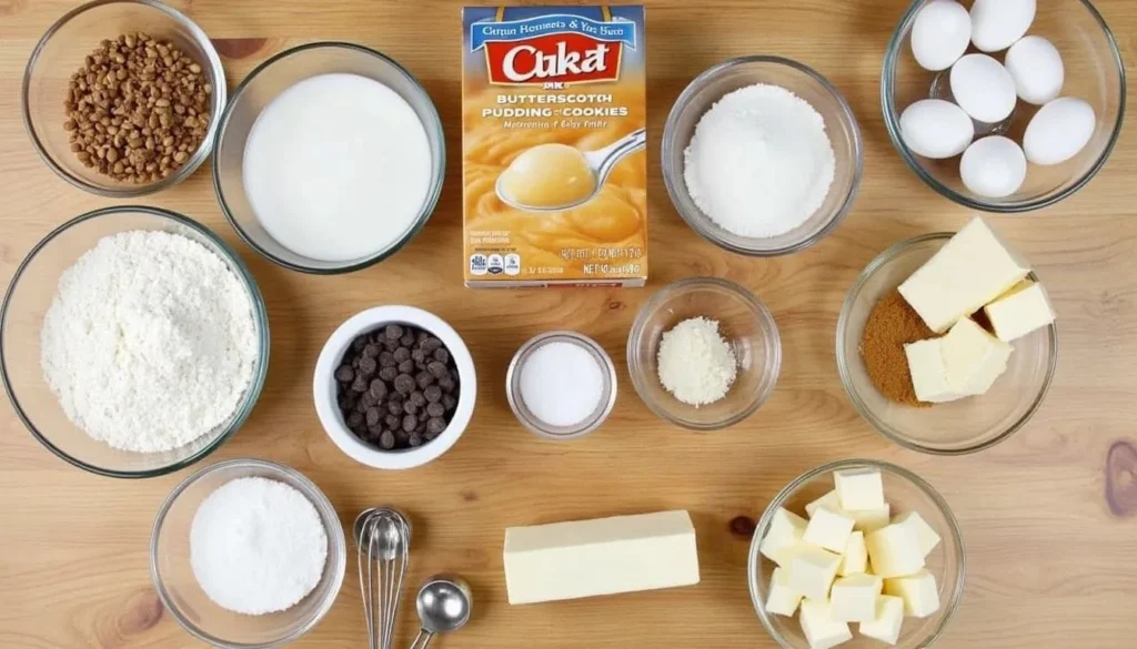 All the ingredients for butterscotch pudding cookies, including butter, sugar, eggs, and butterscotch pudding mix.