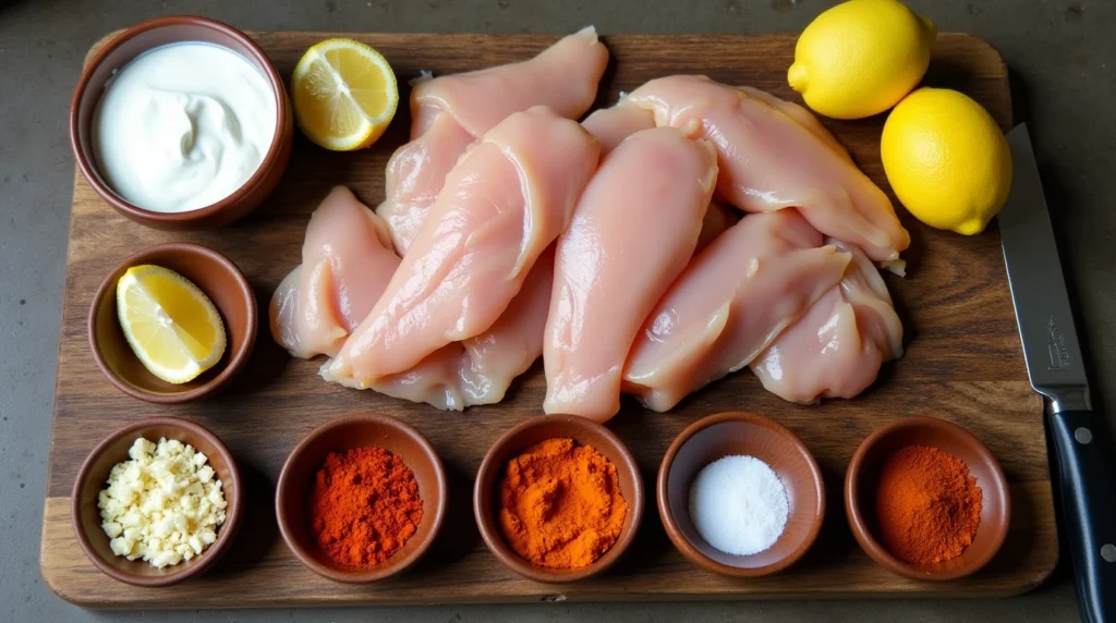 An organized display of ingredients for Chicken Tikka, including chicken breast, Greek yogurt, spices, and fresh garlic and ginger.