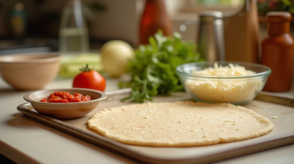 A pre-made pizza crust with marinara sauce and shredded mozzarella cheese ready for assembly.