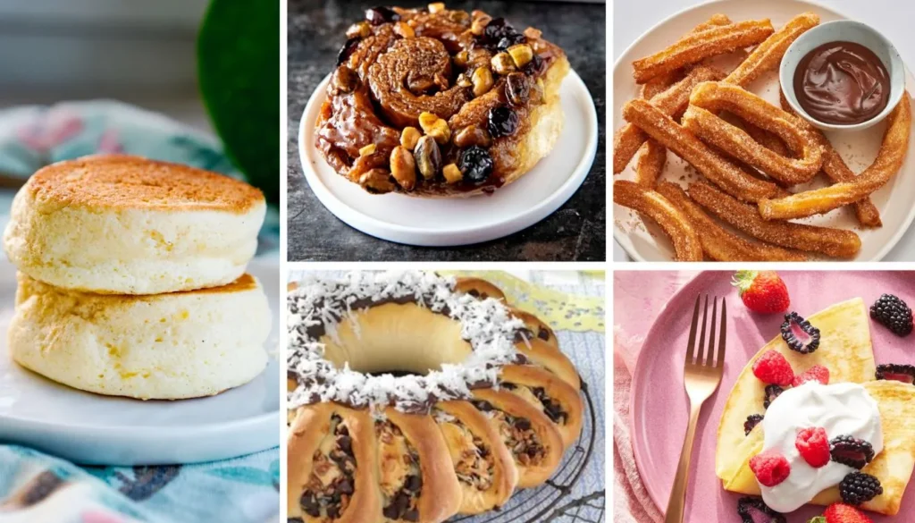 A variety of international sweet breakfasts: German Chocolate Ring, Cranberry-Pistachio Sticky Buns, Japanese pancakes, Mexican Churros, and French crepes with fruit and whipped cream.