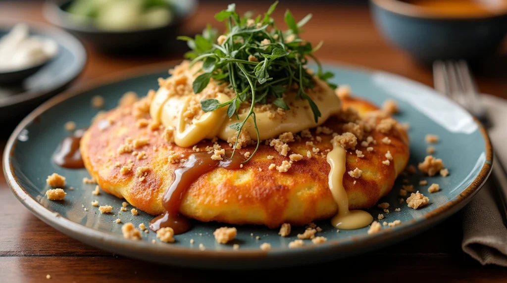 A close-up of a savory Japanese Okonomiyaki pancake topped with mayonnaise, okonomi sauce, bonito flakes, and seaweed, served on a traditional plate with a fork on the side