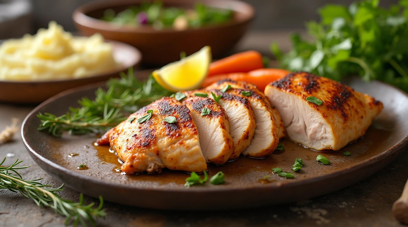 Flat lay of ingredients for juicy chicken breast recipe: raw chicken breasts, olive oil, lemon, garlic powder, paprika, salt, and black pepper on a rustic wooden kitchen counter