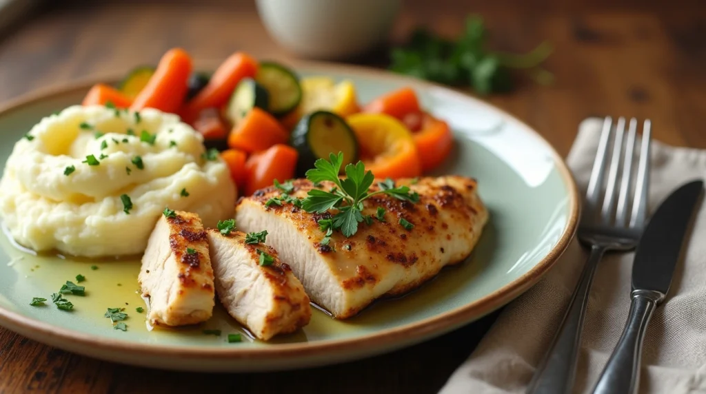 Beautifully plated juicy chicken breast garnished with parsley, served with creamy mashed potatoes, roasted vegetables, and a drizzle of lemon juice on a ceramic plate.