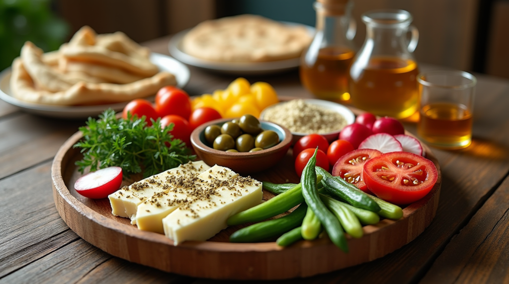 Essential ingredients for Arabic breakfast, including olives, cheese, fresh vegetables, herbs, and pita bread