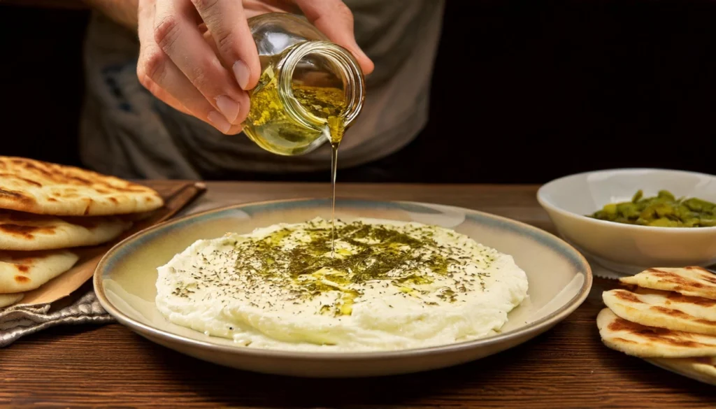 A bowl of labneh topped with olive oil and za’atar, served with pita bread