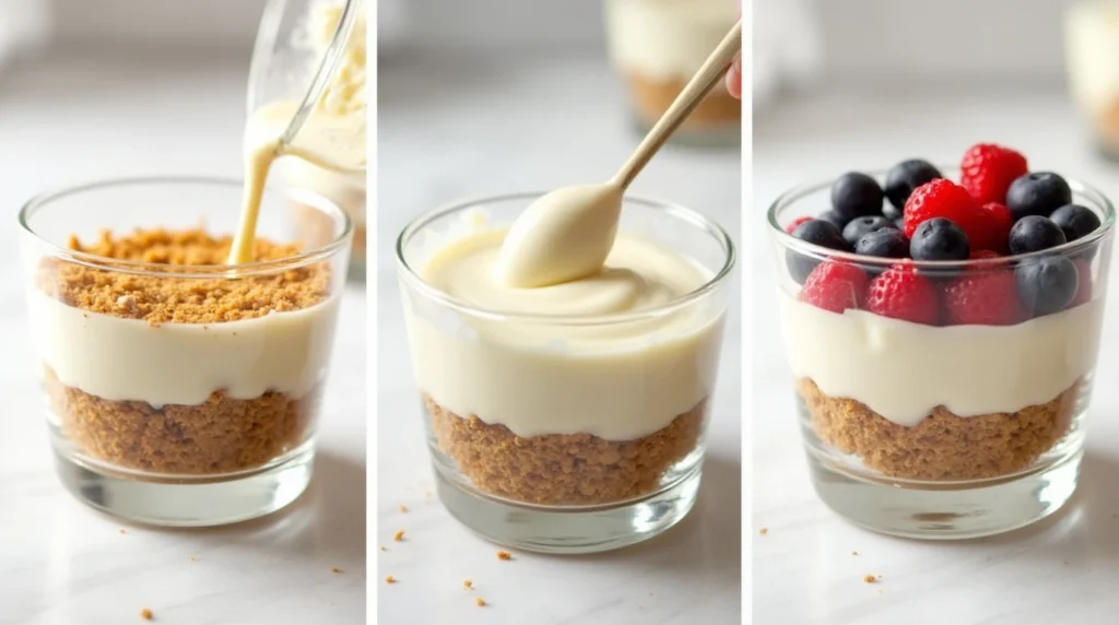 Step-by-step process of assembling white chocolate mousse with graham cracker crumbs and fresh berries in individual cups.