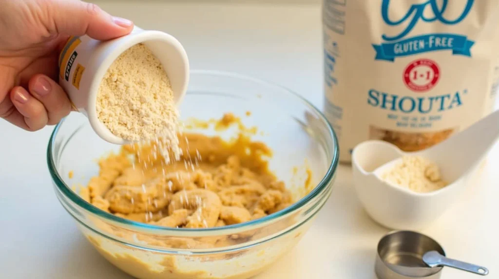 A hand pouring 1:1 gluten-free baking flour into a bowl of cookie dough.