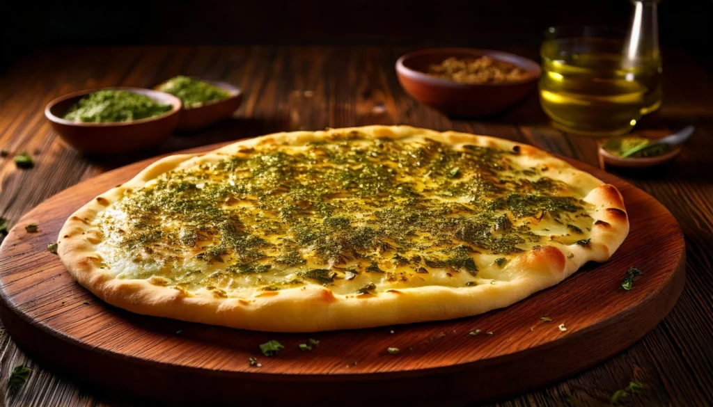 Freshly baked manakish flatbread topped with za’atar and olive oil