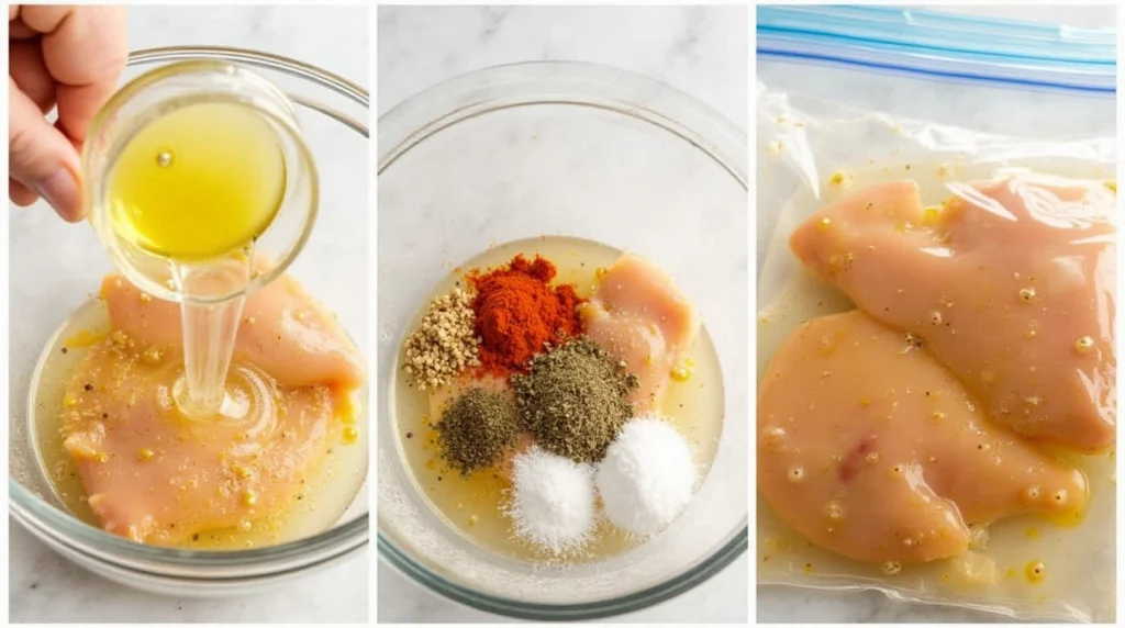 Close-up of chicken breasts being marinated in a glass bowl with olive oil, lemon juice, garlic powder, paprika, salt, and pepper, then sealed in a resealable bag.