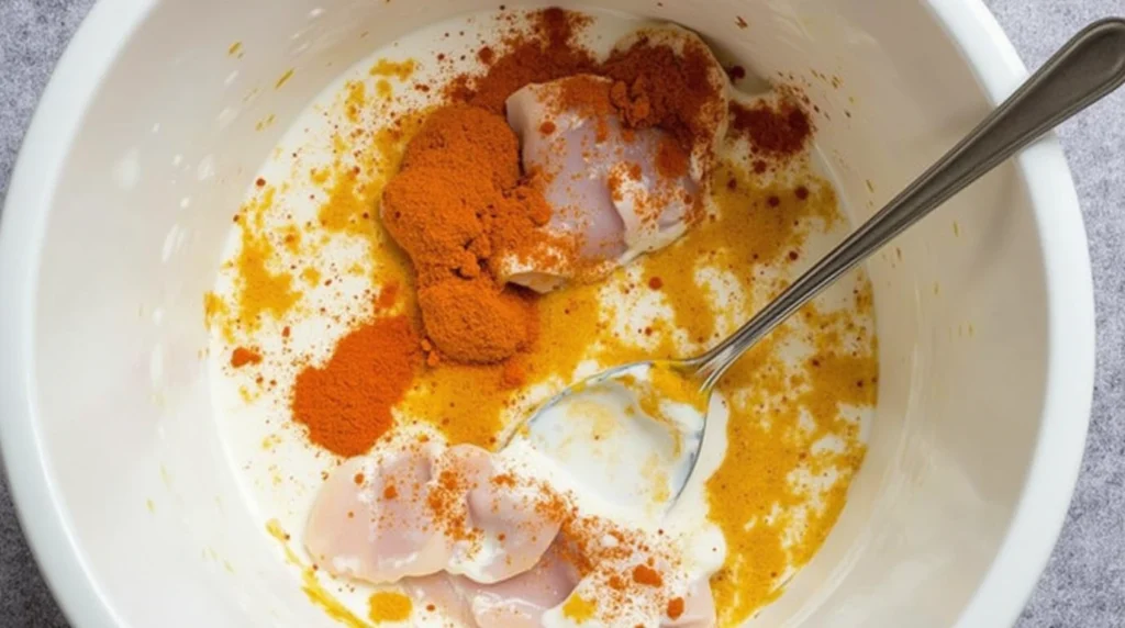 A bowl with yogurt, spices, and chicken pieces, ready to marinate