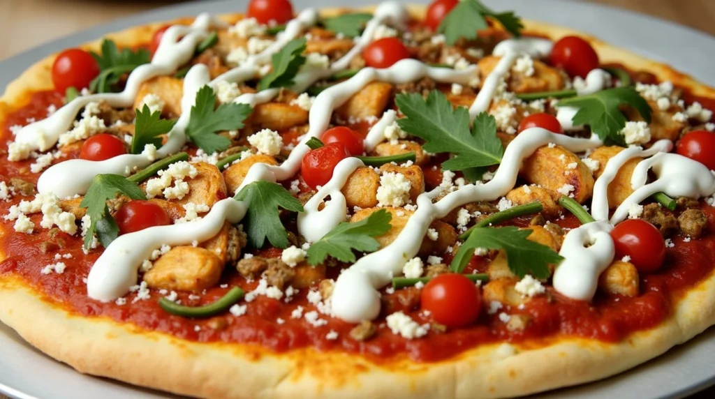 Chicken Tikka Masala Pizza with tzatziki sauce and feta cheese added for a Mediterranean fusion.