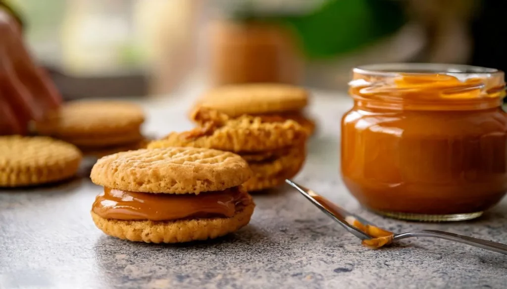 Mini cookie sandwiches being made with chocolate ganache, set on a kitchen countertop